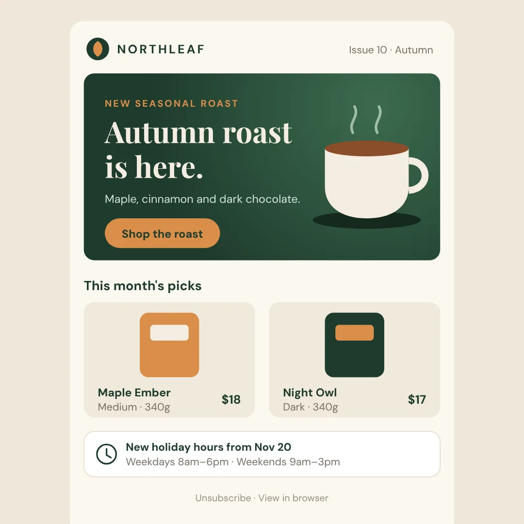 After: a branded newsletter with a hero, two product picks and a short opening-hours notice