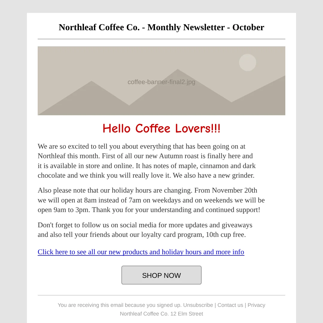 Before: a plain, text-heavy newsletter with a placeholder banner