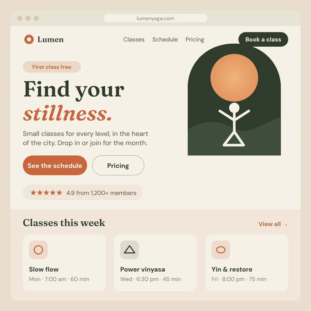 After: a modern landing page with a clear headline, two buttons and class cards