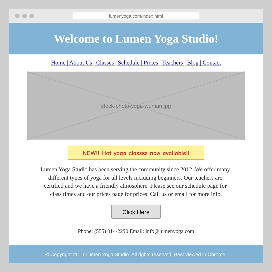 Before: a dated yoga studio homepage with link-heavy navigation