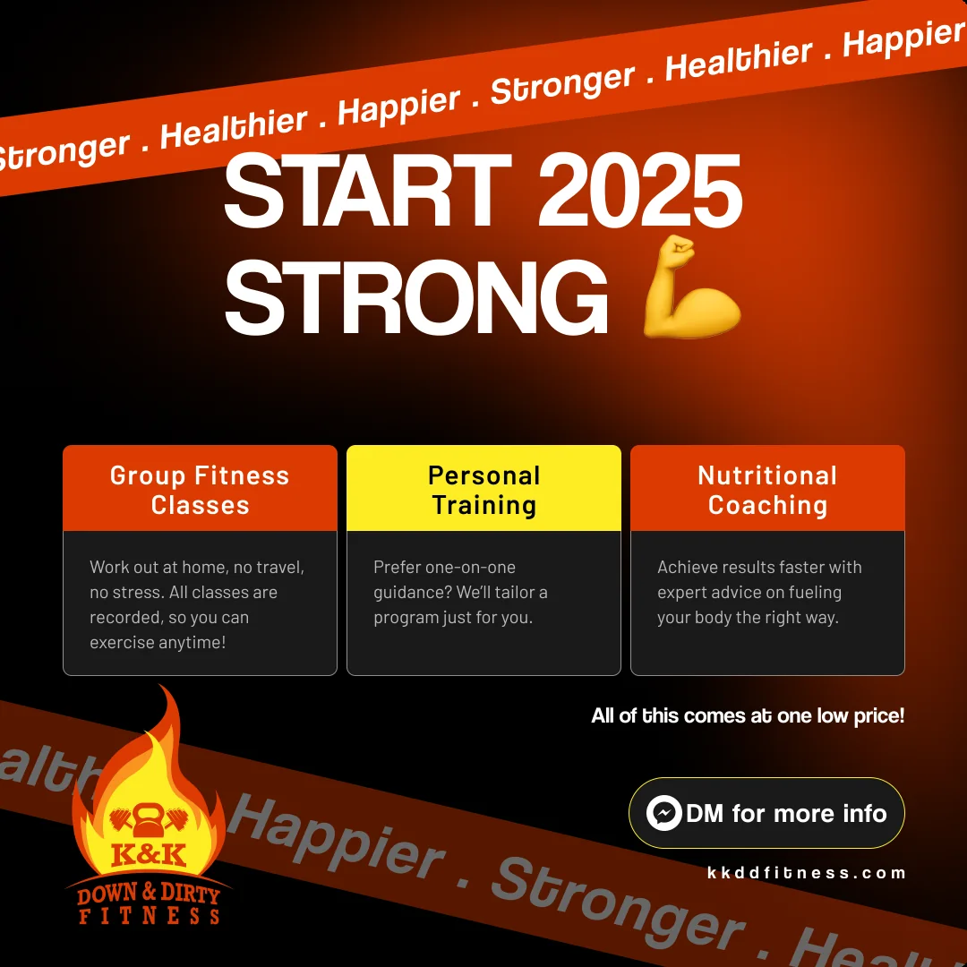 BiTechX redesign of the K&K Fitness post: bold headline, three service cards and a clear DM button