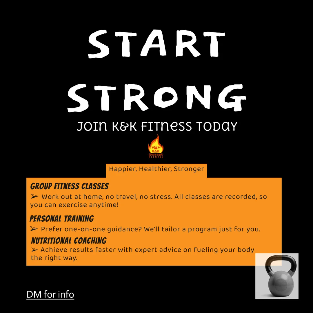 Client's original K&K Fitness post: black background, hand-drawn headline and a dense orange text box